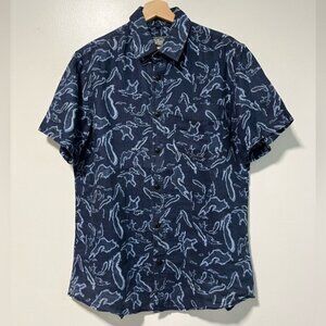 Roots Canada Blue Linen Button-Up Shirt - Men’s Medium, Abstract Print